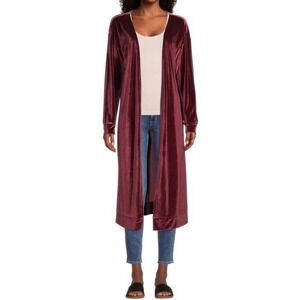 World Market Wine Red Velvet Open‎ Front Duster Kimono Cardigan Robe OS